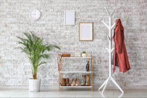 A modern entry way with a large plant, sleek coat rack and clutter free shelves.